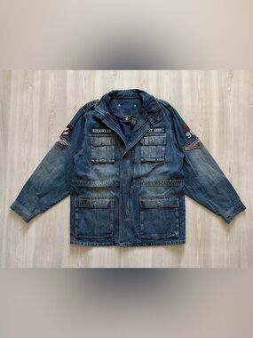 Vintage Rocawear Denim Military Jacket / Coat- Patches Sz XL 18/20